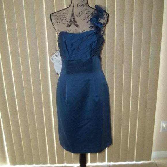Indigo Blue Satin One Shoulder Sheath Short Party Dress Size 10 - Picture 3 of 8
